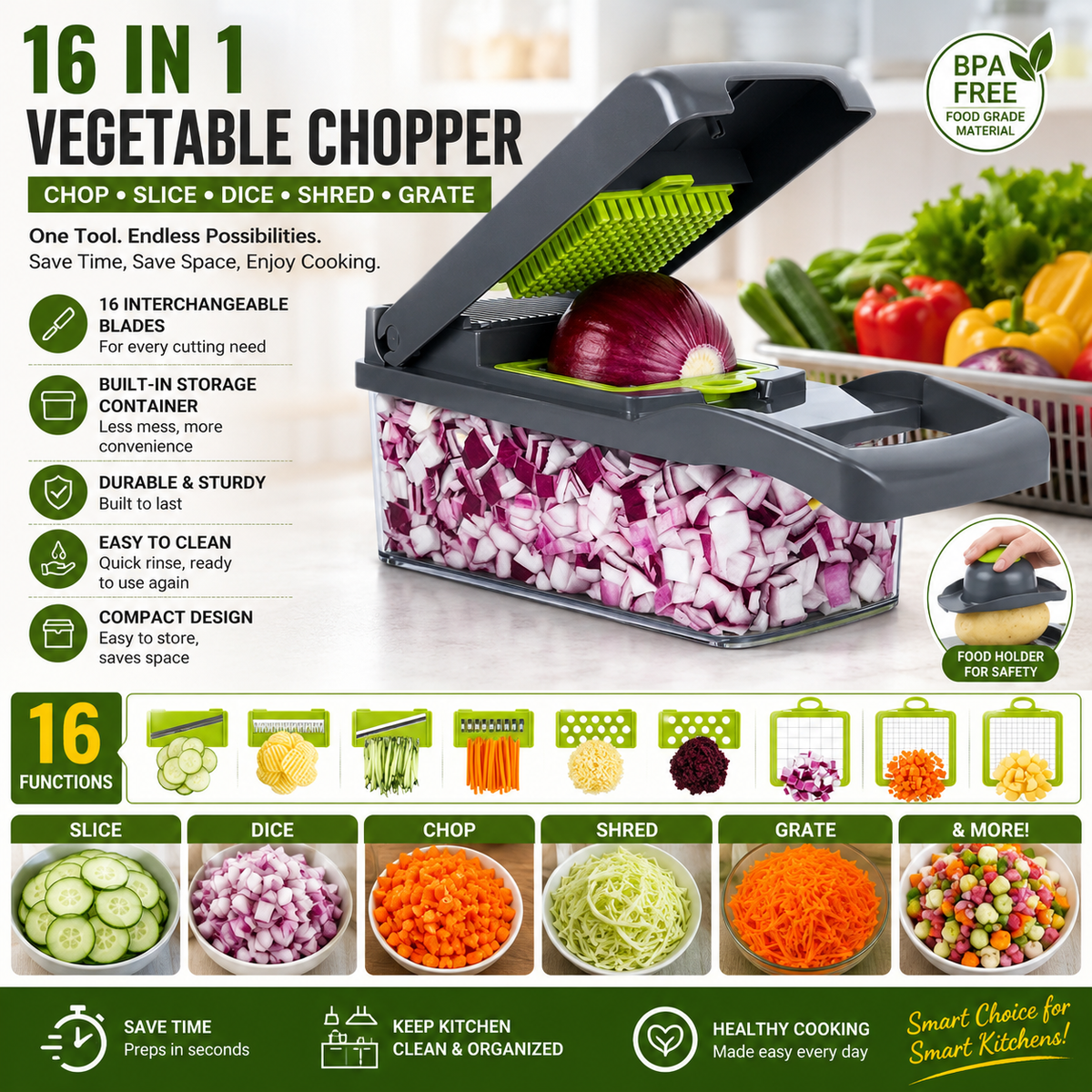 16-in-1 Vegetable Chopper – Multi-Function Dicer, Slicer, Grater & Shredder with Storage Container