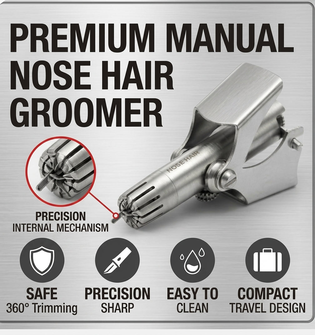 Stainless Steel Manual Nose Hair Trimmer – 6-Teeth Precision Grooming Tool with Cleaning Brush & Travel Bag