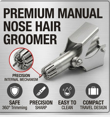 Stainless Steel Manual Nose Hair Trimmer – 6-Teeth Precision Grooming Tool with Cleaning Brush & Travel Bag